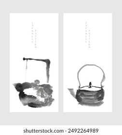 Japanese background with hand drawn chinese painting decorations in vintage style. Teapot ad teacup watercolor texture card design