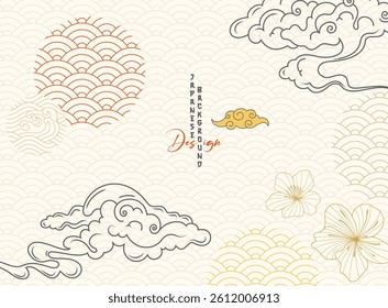Japanese background with hand drawn Chinese cloud decorations in vintage style. Art abstract banner design.