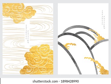 Japanese Background With Hand Drawn Cloud And Wave Decoration Vector. Gold And Black Texture With Line Pattern In Oriental Style.