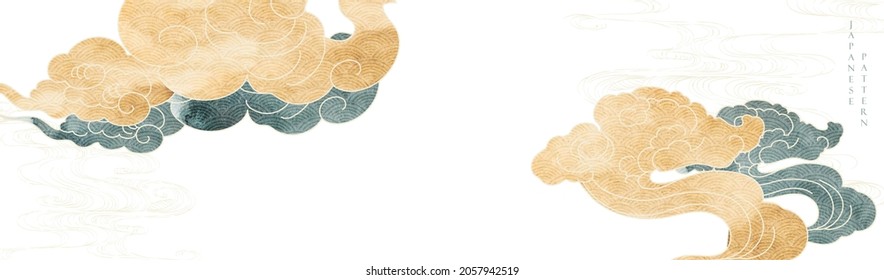 Japanese background with hand drawn cloud line vector. Watercolor texture in vintage style. Presentation template design, poster, cd cover, flyer, website backgrounds, banner or advertising. 