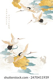 Japanese background with hand drawn crane birds vector. Peony flower, hand drawn chinese cloud decorations in vintage style. Composition frame element with art abstract banner design.