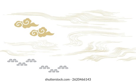 Japanese background with hand drawn gold line wave element vector. Abstract art natural pattern with ocean sea with Chinese cloud decoration banner design in vintage style. Marine template.