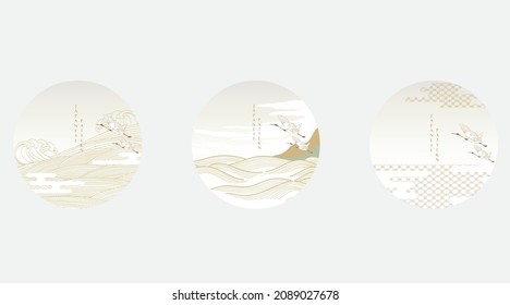 Japanese background with hand drawn line wave pattern vector. Abstract template with geometric pattern. Mountain landscape and crane birds icon design in oriental style. 