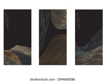 Japanese background with hand drawn  line wave pattern vector. Abstract art banner with geometric pattern. Mountain forest template design in oriental style. 