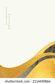 Japanese background with hand drawn line wave pattern vector. Abstract art template with geometric pattern. Mountain forest layout design in vintage style. Gold and black texture.