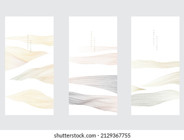 Japanese background with hand drawn line wave pattern vector. Abstract art template with geometric pattern. Mountain forest layout design in vintage style. 