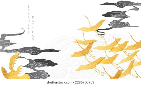 Japanese background with hand drawn line clou in vintage style. Art black landscape banner design with gold crane birds banner design decoration. Icon and symbol  element in Asia style vector