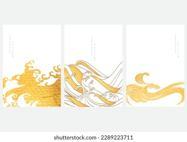 Japanese background with hand drawn line wave in vintage style. Art landscape and ocean sea with shape element banner design. Gold and black texture.