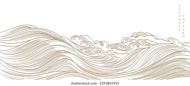 Japanese background with hand drawn line wave element vector. Oriental natural pattern with ocean sea decoration banner design in vintage style. Marine template.