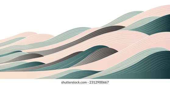 Japanese background with hand drawn line wave pattern vector. Abstract template with geometric pattern. Mountain layout design in oriental style. 