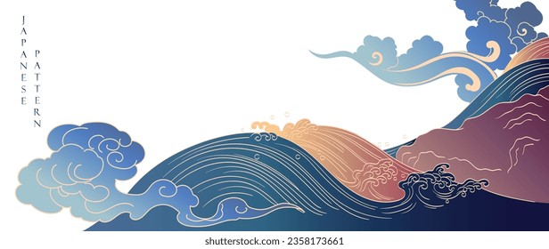 Japanese background with hand drawn line wave pattern vector. Abstract template with geometric pattern. Ocean sea backdrop layout design in oriental style. Chinese cloud elements.