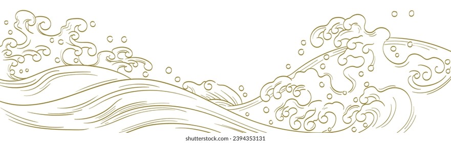 Japanese background with hand drawn line wave element vector. Oriental natural pattern with ocean sea decoration banner design in vintage style. Marine template