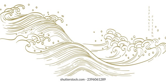 Japanese background with hand drawn line wave element vector. Oriental natural pattern with ocean sea decoration banner design in vintage style. Marine template