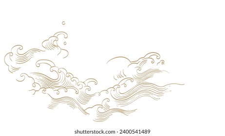 Japanese background with hand drawn line wave element vector. Oriental natural pattern with ocean sea decoration banner design in vintage style. Marine template