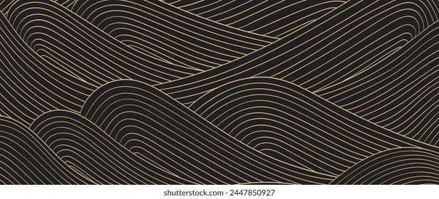 Japanese background with hand drawn line wave pattern vector. Black abstract art banner with geometric pattern. Mountain forest template design in oriental style.