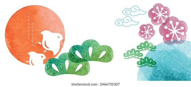 Japanese background with hand drawn line wave pattern vector. Abstract template with geometric pattern. Icon and symbol backdrop layout design in oriental style. Colorful watercolor painting texture.