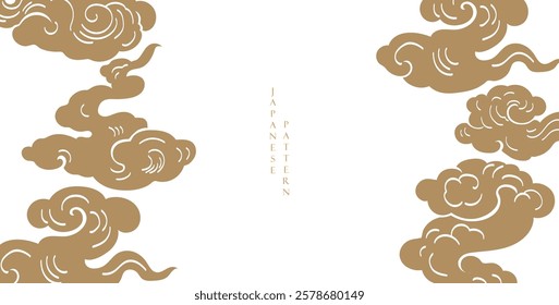 Japanese background with hand drawn line wave pattern vector. Abstract template with geometric pattern. Ocean sea backdrop layout design in oriental style. Chinese cloud elements.