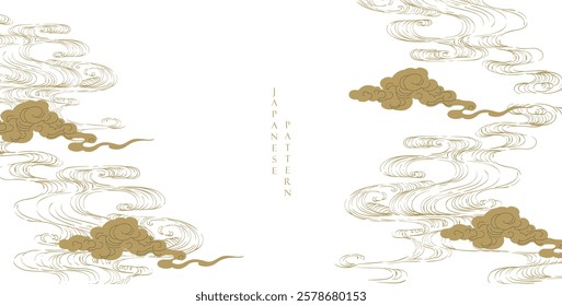 Japanese background with hand drawn line wave pattern vector. Abstract template with geometric pattern. Ocean sea backdrop layout design in oriental style. Chinese cloud elements.