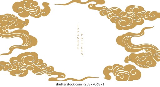 Japanese background with hand drawn line wave pattern vector. Abstract template with geometric pattern. Ocean sea backdrop layout design in oriental style. Chinese cloud elements.