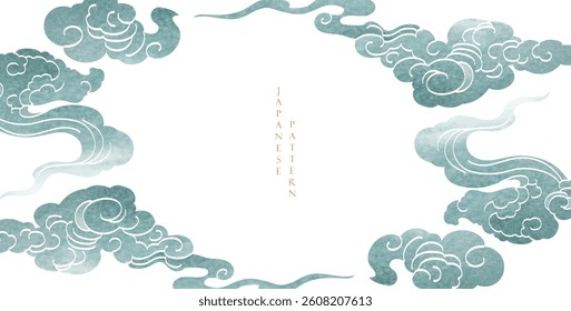 Japanese background with hand drawn line cloud pattern vector. Vintage template with geometric pattern border and frame design.