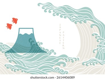Japanese background with hand drawn line wave pattern vector. Abstract template with geometric curve pattern. Mountain, birds and ocean sea element in vintage style.