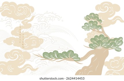 Japanese background with hand drawn line wave pattern vector. Abstract template with geometric pattern. Ocean sea backdrop layout design in oriental style. Chinese cloud elements.