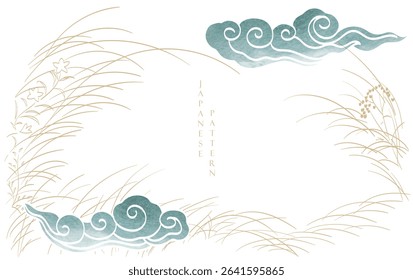 Japanese background with hand drawn line leaves and cloud pattern vector. Vintage template with geometric pattern.