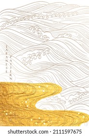 Japanese background with hand drawn ocean wave line vector. Gold texture in vintage style. Presentation template design, poster, cd cover, flyer, website backgrounds, banner or advertising. 