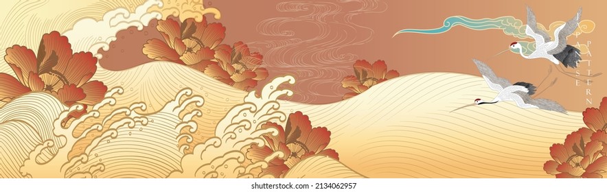 Japanese background with hand drawn ocean wave template in vintage style. Art landscape banner design with crane birds card design decoration. Peony flower pattern.