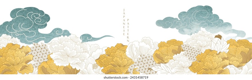 Fondo japonés con vector de textura de oro dibujado a mano de la flor de peonía. Decoraciones de nube china dibujadas a mano en estilo vintage. Diseño de banner abstracto.