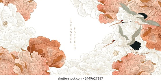 Japanese background with hand drawn peony flower element vector in vintage style. Crane birds element with art oriental banner design.	