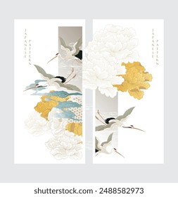 Japanese background with hand drawn peony flower and wave decorations in vintage style. Crane birds with blue and gold watercolor texture card design