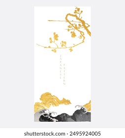 Japanese background with hand drawn stone, wave black and gold texture vector. Hand drawn branch of leaves decorations in vintage style. Art abstract banner design.