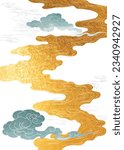 Japanese background with hand drawn wave gold texture vector. Hand drawn wave chinese cloud decorations in vintage style. Crane birds element with art abstract banner design.