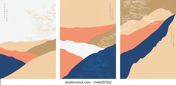 Japanese background with hand drawn wave vector. Abstract template with geometric pattern. Mountain layout design in oriental style. 