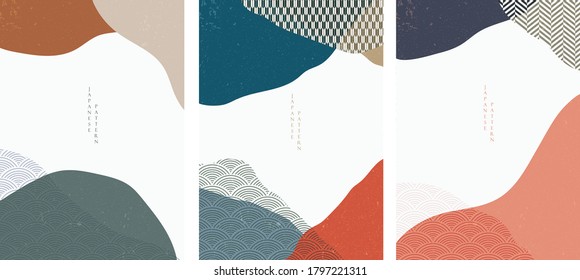 Japanese background with hand drawn wave vector. Abstract template with geometric pattern. Mountain layout design in oriental style. 