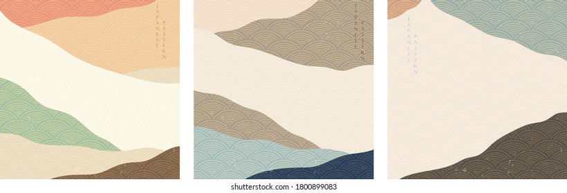 Japanese background with hand drawn wave vector. Abstract template with geometric pattern. Mountain layout design in oriental style. 