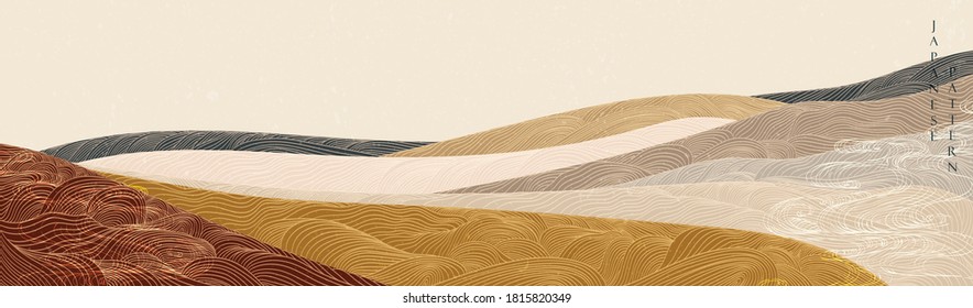 Japanese background with hand drawn wave vector. Abstract template with line pattern. Mountain layout design in oriental style. 