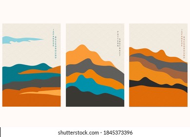 Japanese background with hand drawn wave vector. Abstract template with geometric pattern. Mountain layout design in oriental style.