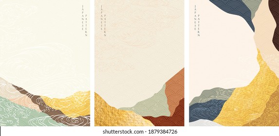 Japanese background with hand drawn wave pattern vector. Abstract template with mountain in oriental style with gold texture.