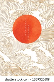 Japanese background with hand drawn wave pattern vector. Red watercolor texture with circle shape. Oriental template design.