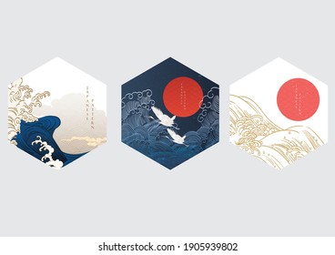 Japanese background with hand drawn wave elements in geometric shape vector. Red sun and moon with abstract line pattern. Template design in oriental style.