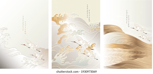 Japanese background with hand drawn wave in vintage style. Art landscape banner design with crane birds decoration.