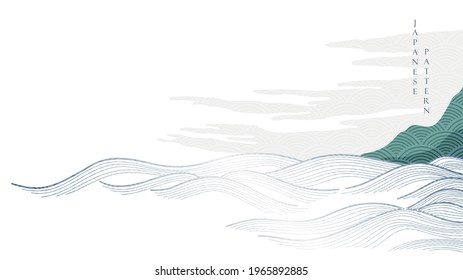 Japanese background with hand drawn wave pattern vector. Ocean sea banner design with natural landscape template in vintage style.