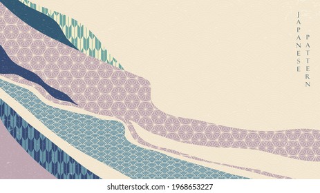 Japanese background with hand drawn wave pattern vector. ribbon banner design with geometric template in vintage style.