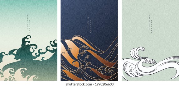 Japanese background with hand drawn wave pattern vector. Abstract landscape template with ocean sea decoration in vintage style.