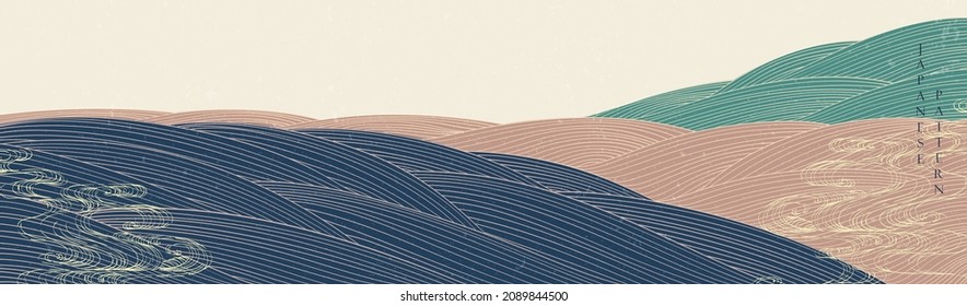 Fondo japonés con vector de onda dibujado a mano. Resumen de la plantilla de paisaje con el patrón de línea. El diseño de los bosques de montaña es de estilo vintage. 