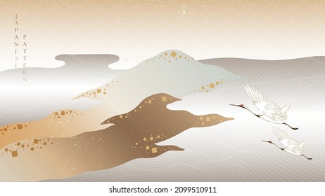 Japanese background with hand drawn wave in vintage style. Art landscape and ocean sea banner design with crane birds in oriental decoration.