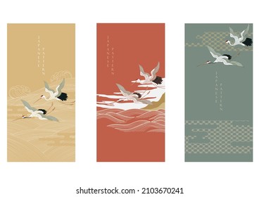 Japanese background with hand drawn wave in vintage style. Art landscape banner design with crane birds card design decoration.