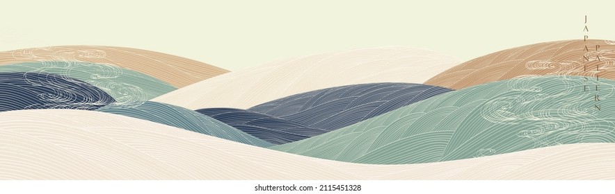 Japanese background with hand drawn wave vector. Abstract art template with line pattern. Mountain forest template design in oriental style. 